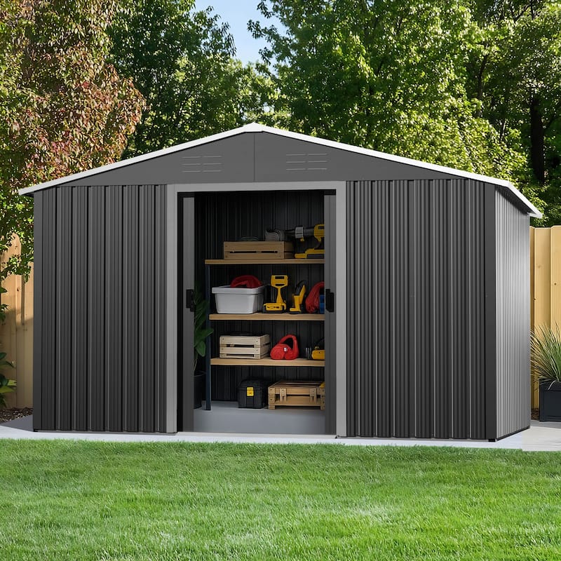 Metal Outdoor Garden Shed Storage Tool Shed with Sliding Doors - 8 × 10FT