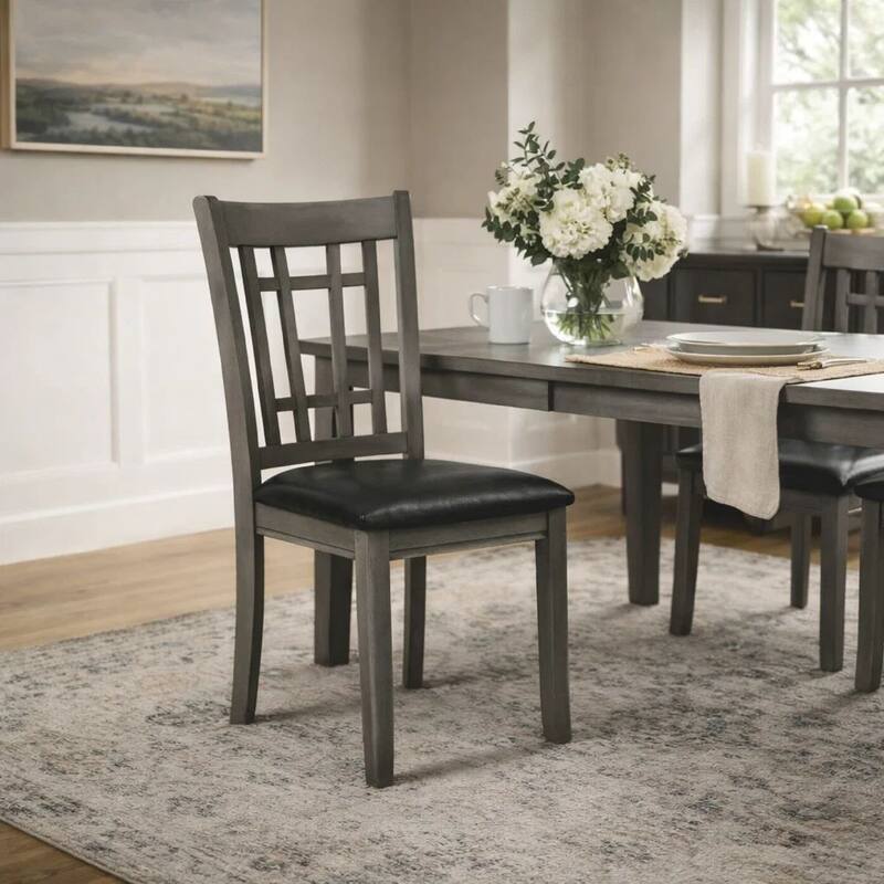 Cutout Back Wooden Dining Chair with Leatherette Seat, Gray and Black, Set of Two