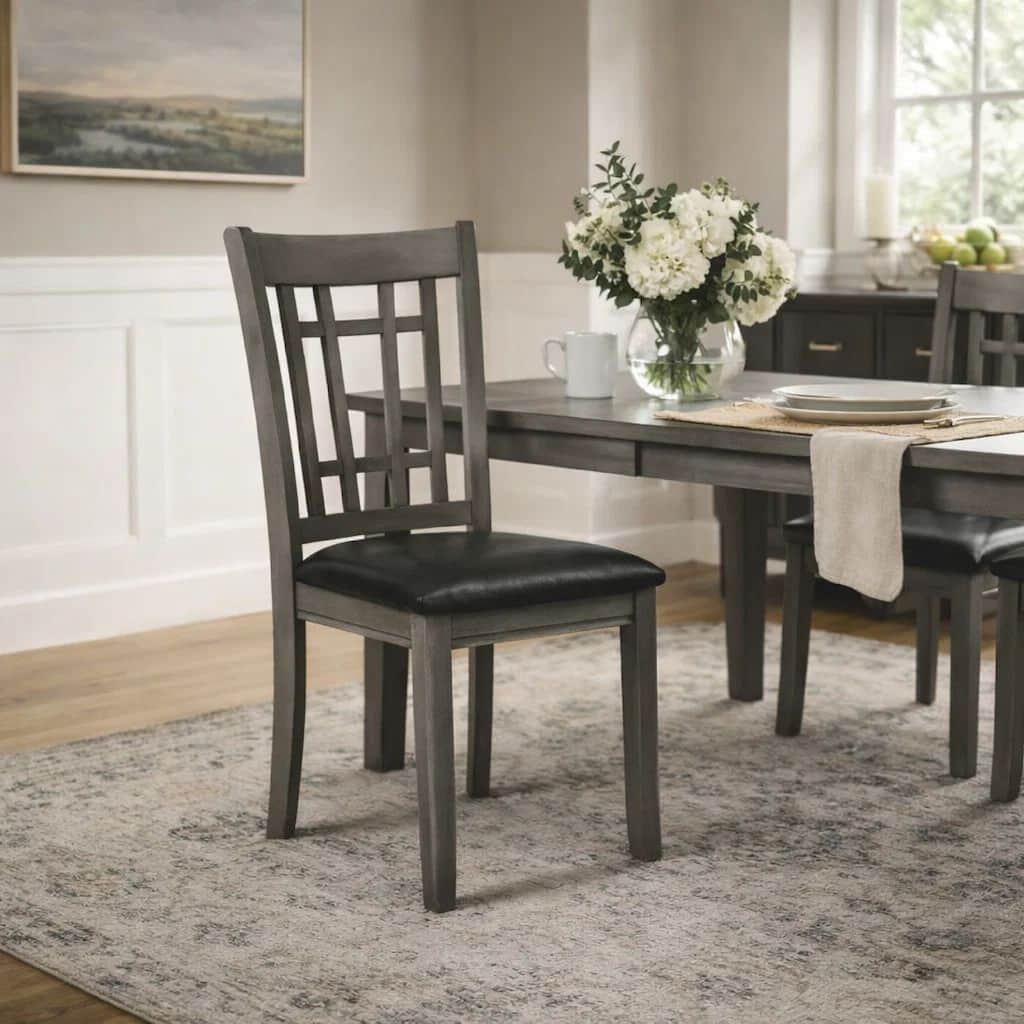 Cutout Back Wooden Dining Chair with Leatherette Seat, Gray and Black, Set of Two