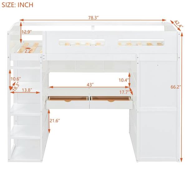 dimension image slide 0 of 2, Twin Size Loft Bed w/Wardrobe, Built-in Desk, Wooden High Loftbed Frame w/4 Shelves Bookcase, 4 Drawers for Kids Teens Bedroom