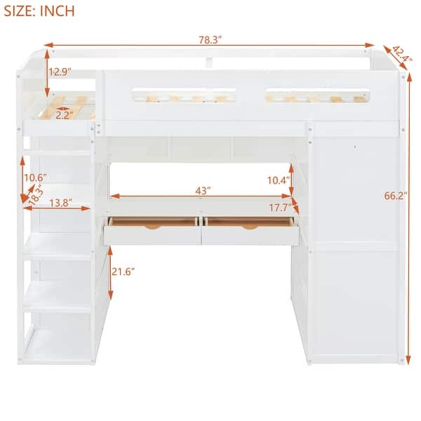 dimension image slide 0 of 2, Twin Size Loft Bed with Desk, Wardrobes, 4 Drawers & 4 Shelves, White