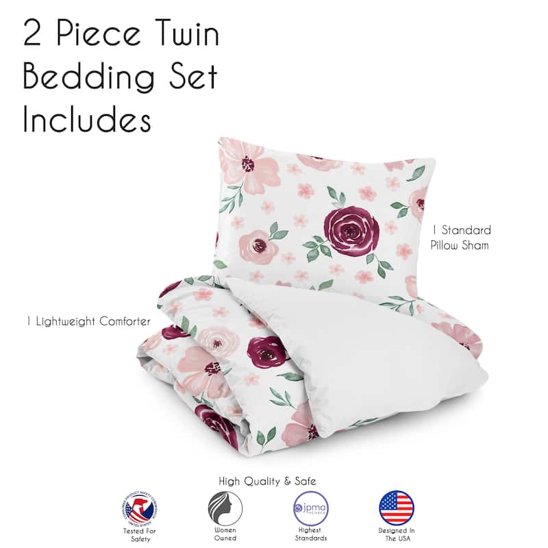 Burgundy and Pink Watercolor Floral Girl 2pc Twin Comforter Set - Blush Maroon Wine Rose Green Shabby Chic Flower Farmhouse