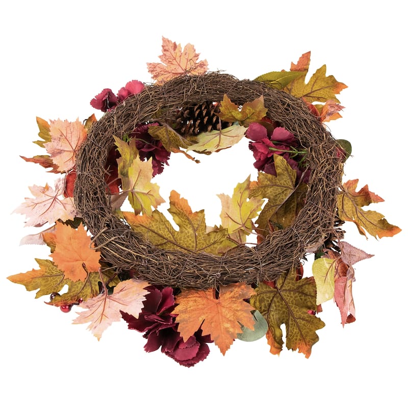 Orange Burgundy Fall Harvest Artificial Floral Pinecone Wreath, 22"
