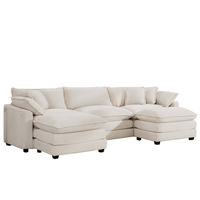 Plush Corduroy U-Shaped Modular Sofa with Convertible Ottoman - 3 Seat Sectional Sofa Bed
