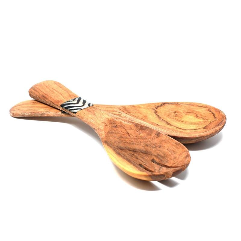 Handmade Olive Wood Serving Utensils with Natural Batik Bone Handles (Kenya)