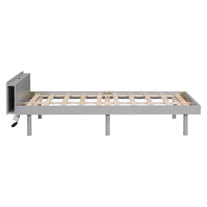 Modern Twin Size Wooden Platform Bed Frame with USB Ports, Slats
