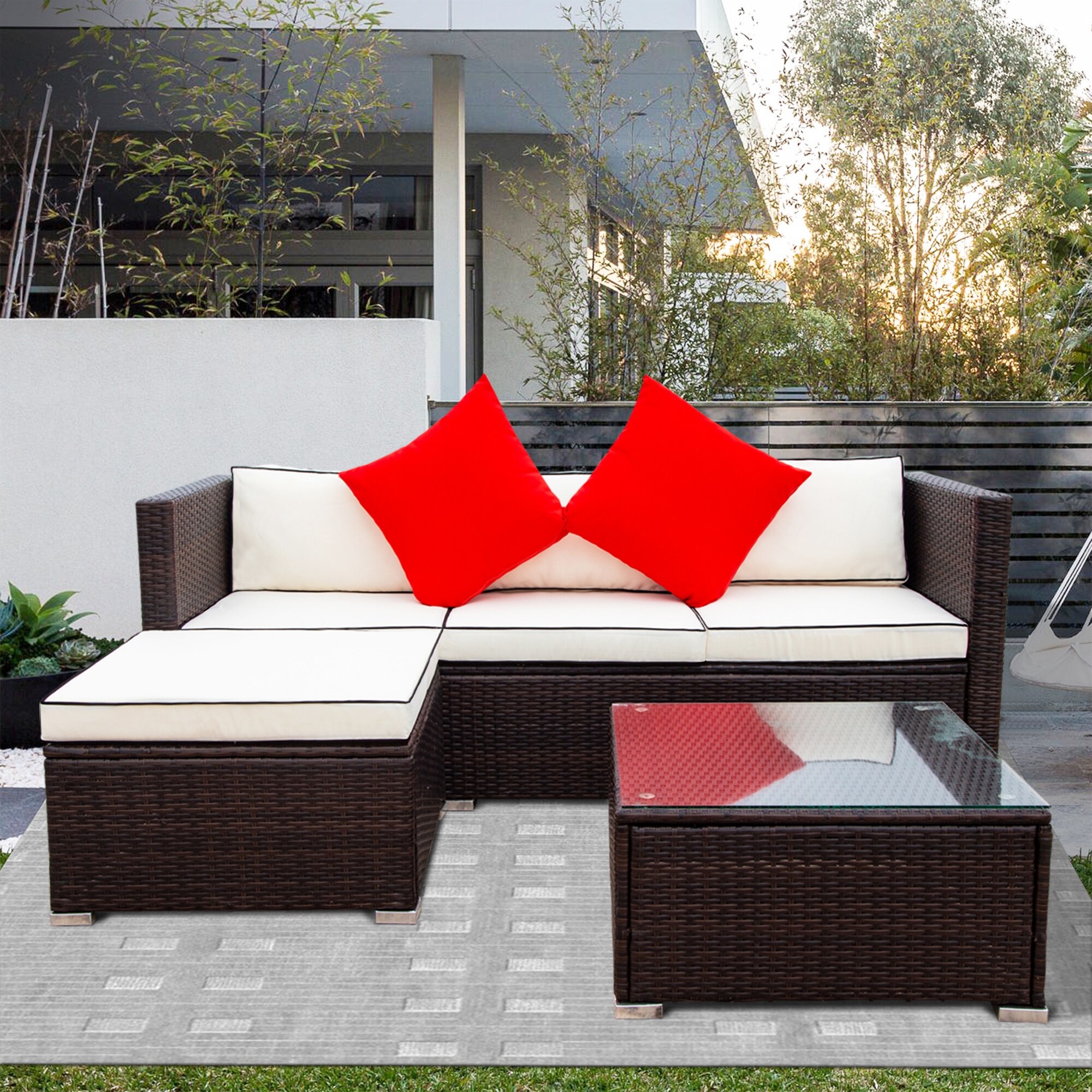 Nestfair 3 Piece Patio Sectional Wicker Rattan Outdoor Furniture Sofa Set
