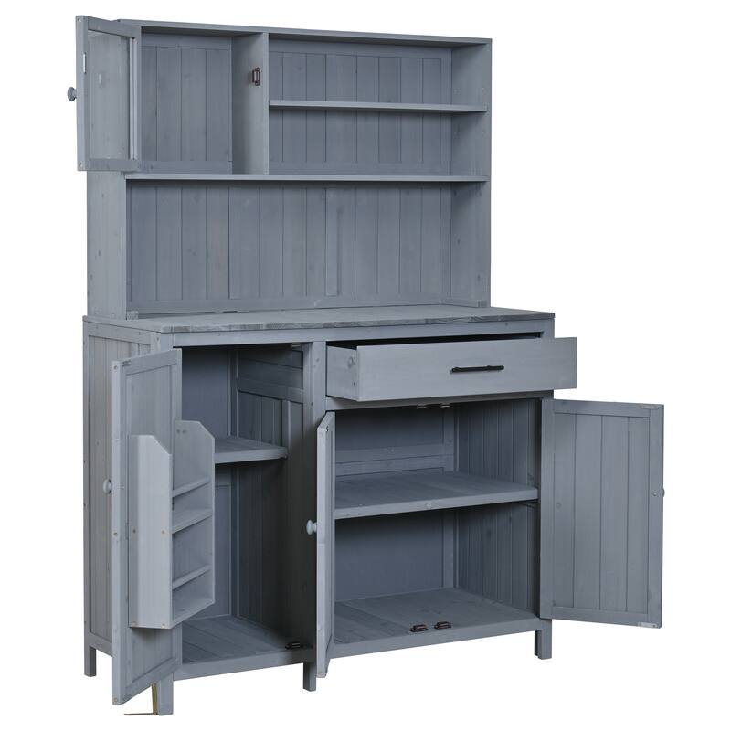 65" Solid Fir Wood Potting Bench with Hutch, Garden Workstation Table with Drawer, Spice Rack & Shelves - Grey