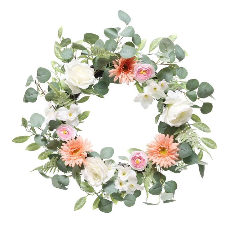 Chrysanthemum Rose and Ranunculus Floral Artificial Spring Wreath - 24"