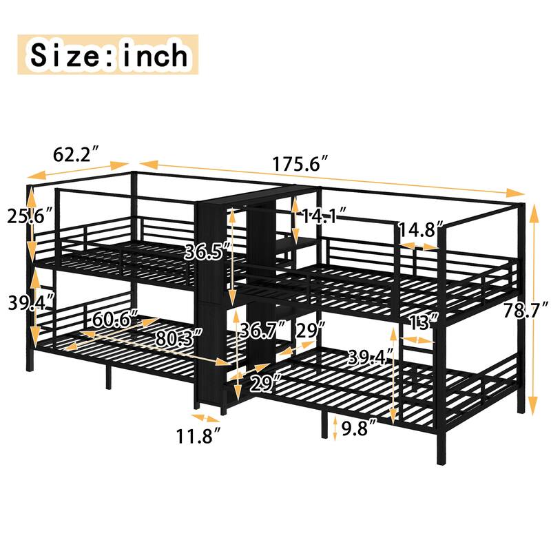 Queen Size Quadruple Metal Bunk Bed with Storage Shelves Wardrobe Noise reduced Black