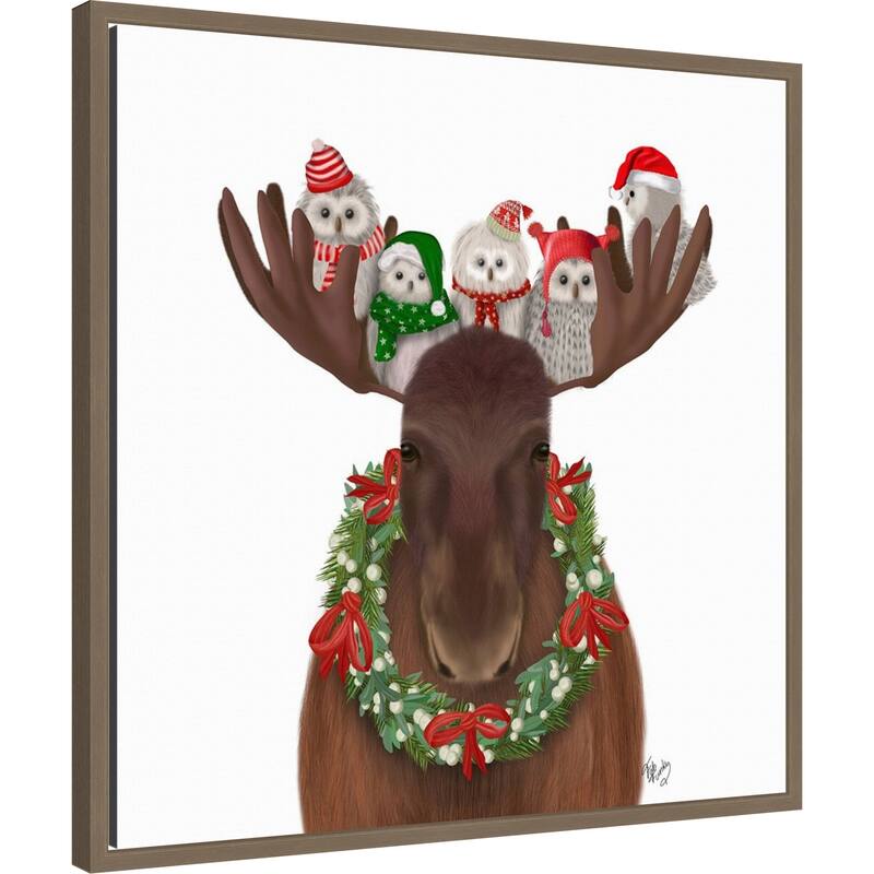 Christmas Moose and Christmas Owls Forward by Fab Funky (22 x 22 in.), Framed Canvas Wall Art Print - Sylvie Dark Gold