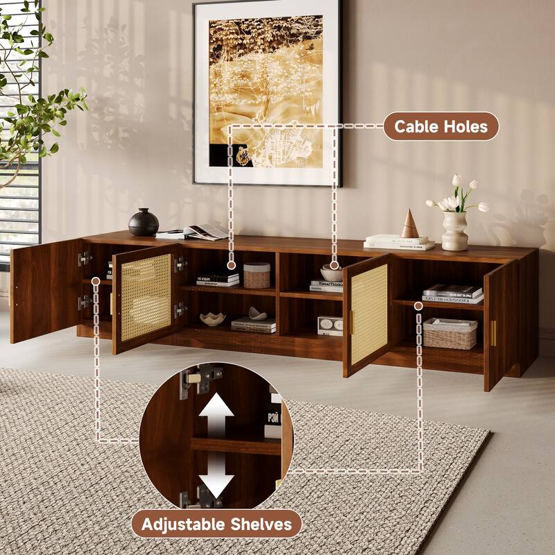 78" Mid-Century TV Stand for TVs Up to 85", Rattan Door Media Console with Adjustable Shelves & Cable Management