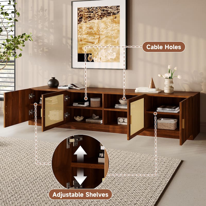 78" Retro TV Stand with Rattan Doors for TVs Up to 85", Wood TV Console, Living Room Media Console with Adjustable Shelves