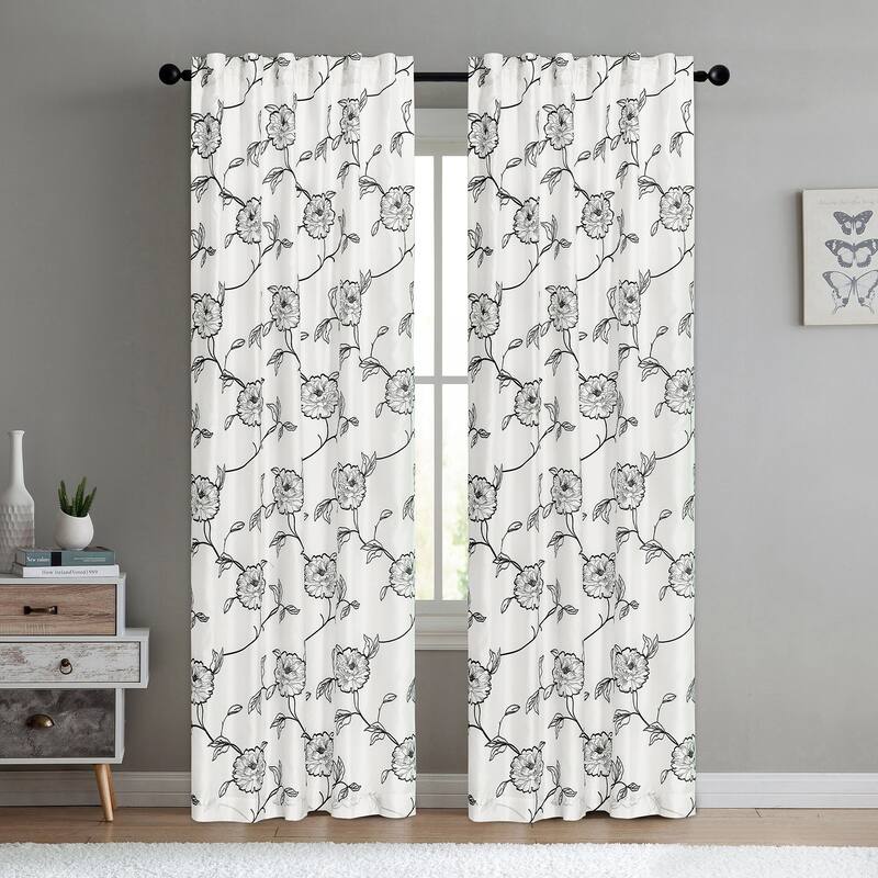 Serenta Embroidery Magnolia Curtain Panel - 54" x 96" - White/Black - 54" x 96" - 96 Inches