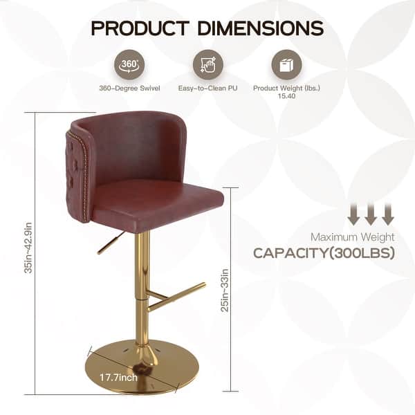 dimension image slide 3 of 4, Swivel Bar Stools Set of 2, Modern PU Bar Stools with Backs - Counter Height