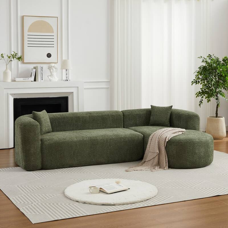 109.4" L-Shaped Chenille Boneless Sectional Sofa with Two Throw Pillows - Green - Left Facing