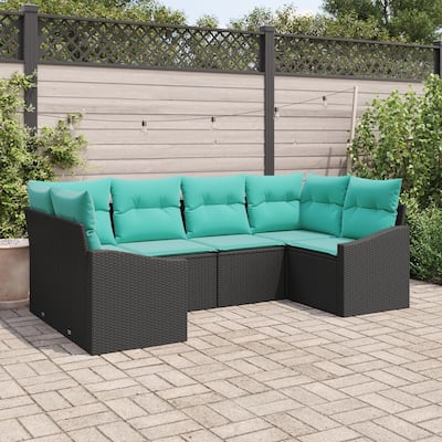 vidaXL 6 Garden Sofa Set with Cushions Black Poly Rattan - 92.1 x 48.6 x 27.2
