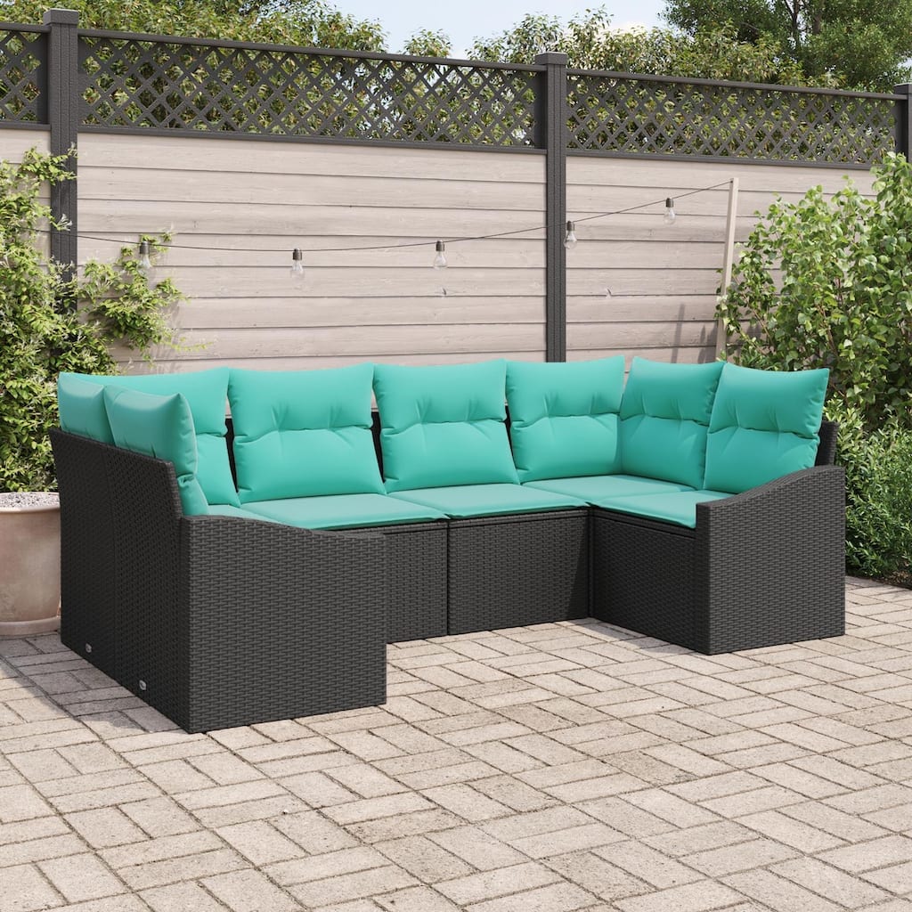 vidaXL 6 Garden Sofa Set with Cushions Black Poly Rattan - 92.1 x 48.6 x 27.2