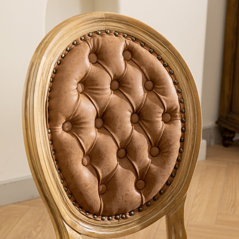 French Dining Chair Set of 2 Leather Upholstered Dining Chair Solid Wood Frame Oval Backrest Side Chair Without Arms