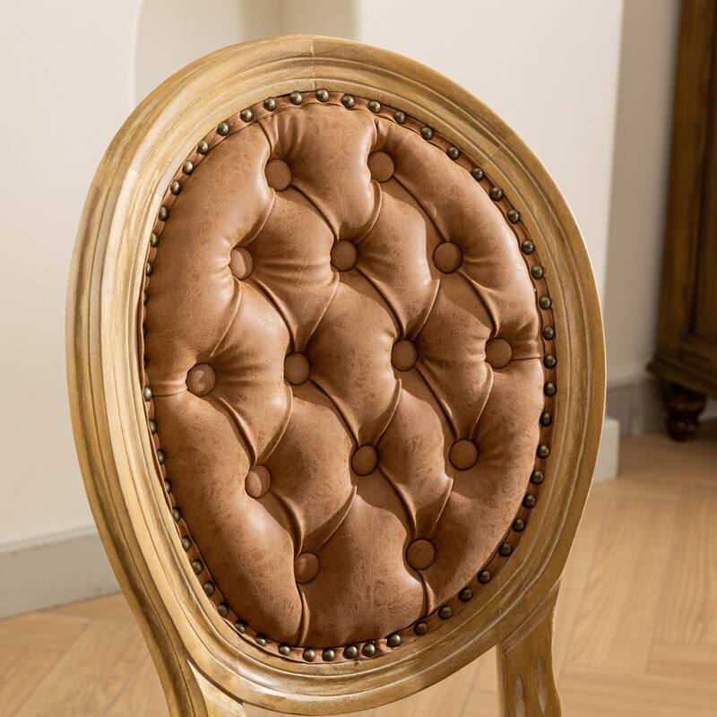 GDF Studio - French Traditional Wood PU Upholstered Dining Chairs with Tufted Back & Nailhead Trim, Set of 2