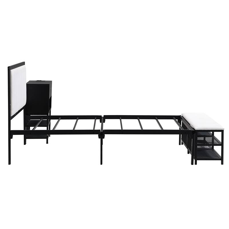 Stylish Twin Metal Platform Bed with Soft Upholstered Frame, Two-Tier Storage Shelves, Wooden Cabinet, and Cushioned Footrest