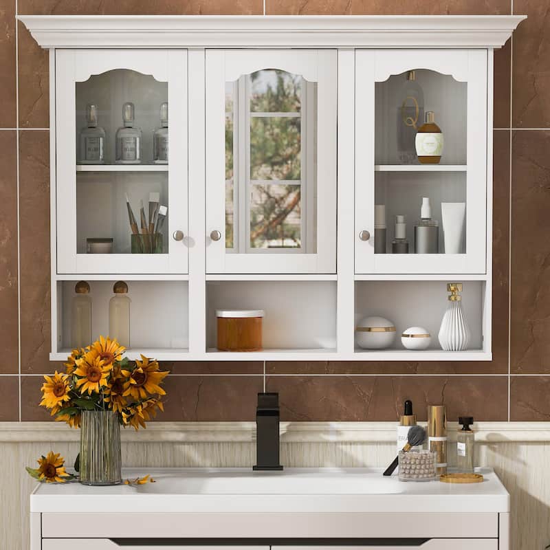47-Inch Wall-Mounted Bathroom Mirror Cabinet With 3 Adjustable Shelves, 3 Storage Baskets, And Glass Doors. - 47"