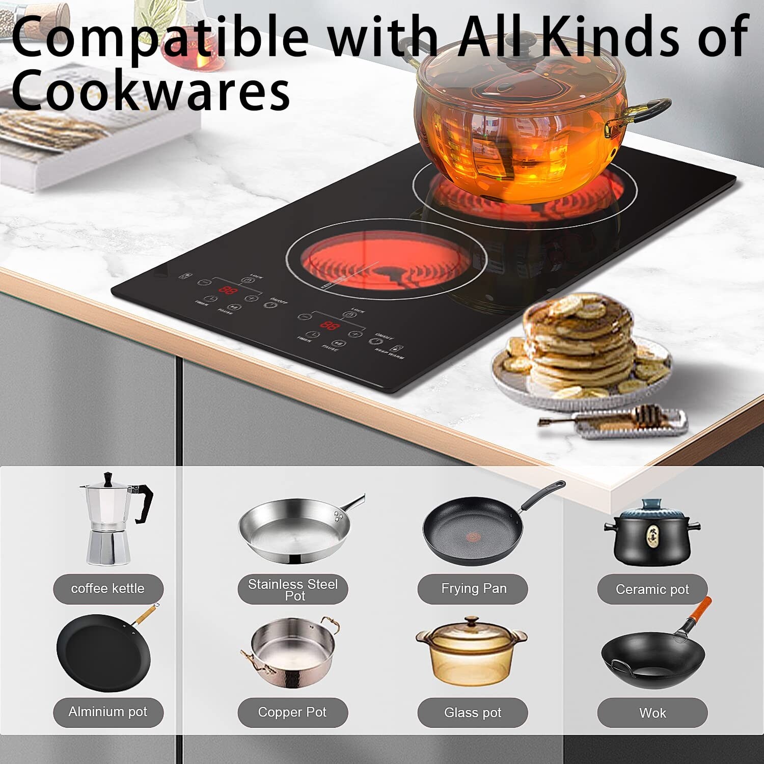 Electric Cooktop 2 Burner, Plug in Electric Stove Top Stainless Steel 110V  Ceramic Cooktop with 2 Knob Control - Bed Bath & Beyond - 39719286