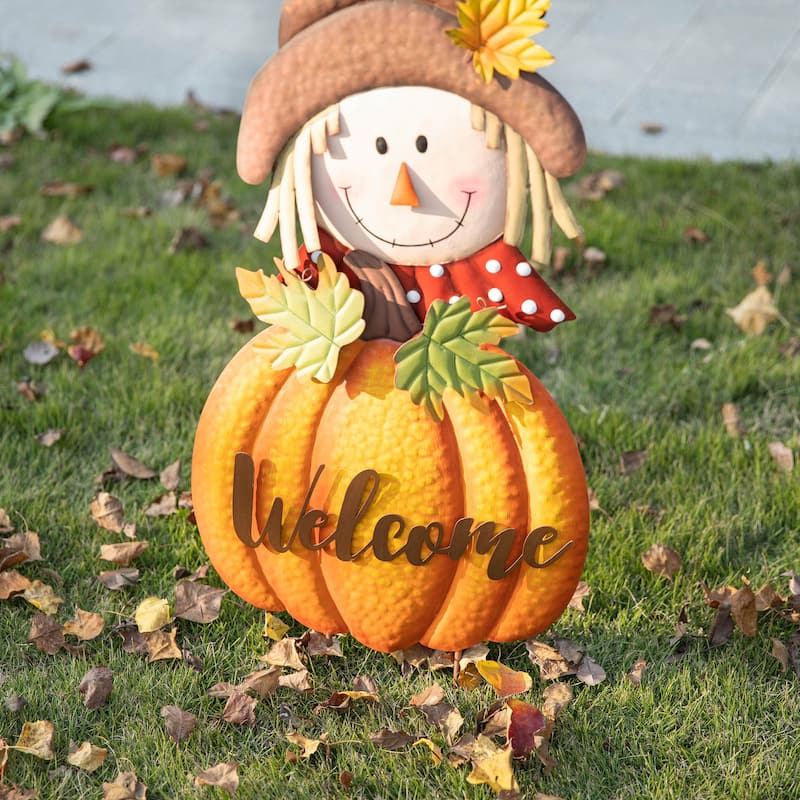 Glitzhome 46"H Fall Metal Stacked Scarecrow & Pumpkin Yard Stake for Thanksgiving Decor