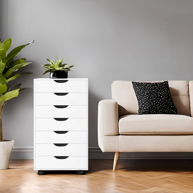 Sleek Modern Drawer Dresser Storage Cabinet with Grooved Drawer Pulls, Multipurpose Office File Storage Cabinet - 7 Drawer,White