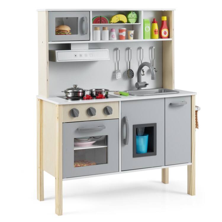 Wooden Pretend Play Kitchen Set for Toddlers - 28"L x 12"W x 35.5"H - Grey