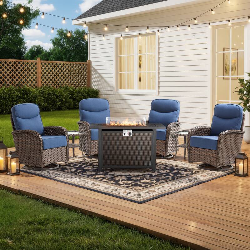 Pocassy Outdoor Sofa Swivel Chair and Ottman with Fire Pit Table - Brown Wicker Blue Cushion - 7PCS Swivel Chiar w/ Rectangle Fire Table