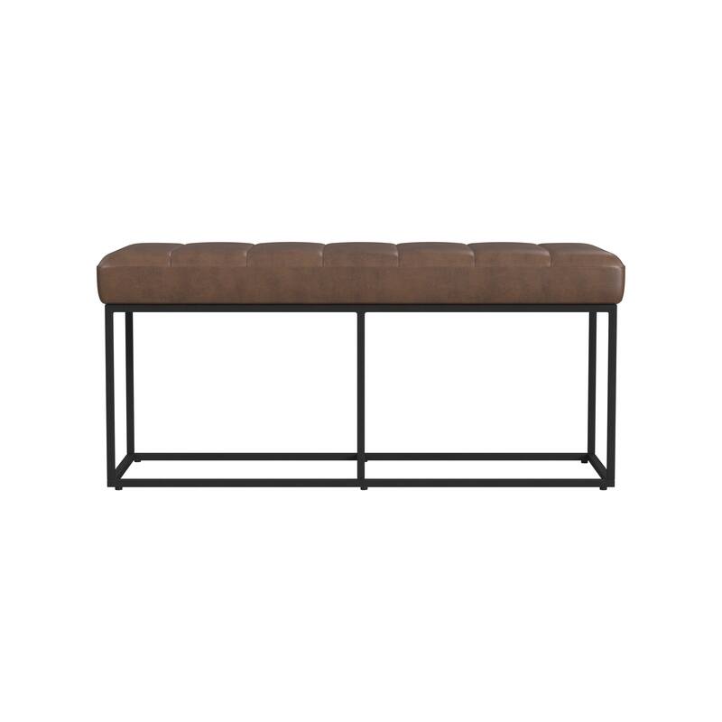 Kai Bench, Open Metal Frame, Brown Channel Stitch Faux Leather 43 Inch