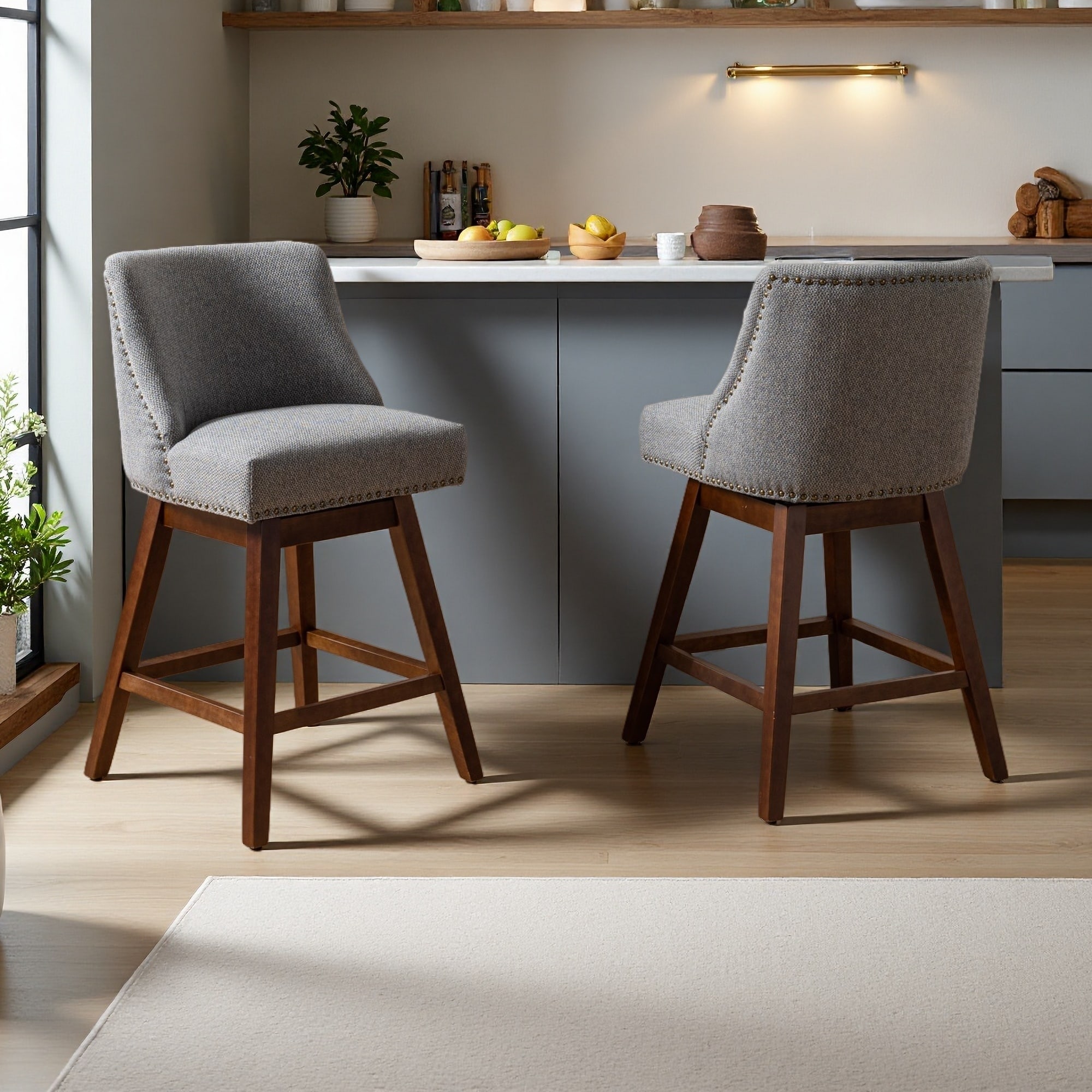 37"H Set of 2 Counter Height Swivel Barstools with Upholstered Seat, Curved Backrest, Soft Cushion, Solid Rubber Wood Legs