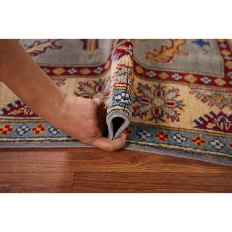 Geometric Kazak Area Rug Hand-Knotted Bedroom Wool Carpet - 4'1" x 6'0"