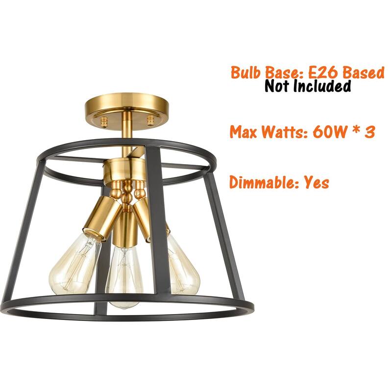 Canaria Modern 3-Light Semi Flush Mount Ceiling Light Brass and Black