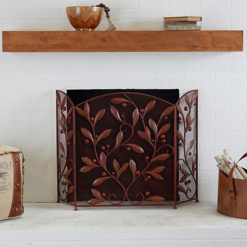 Metal Scroll Foldable Mesh Netting 3 Panel Fireplace Screen with Leaf and Vine Relief - Black or Red - Roche River Decor