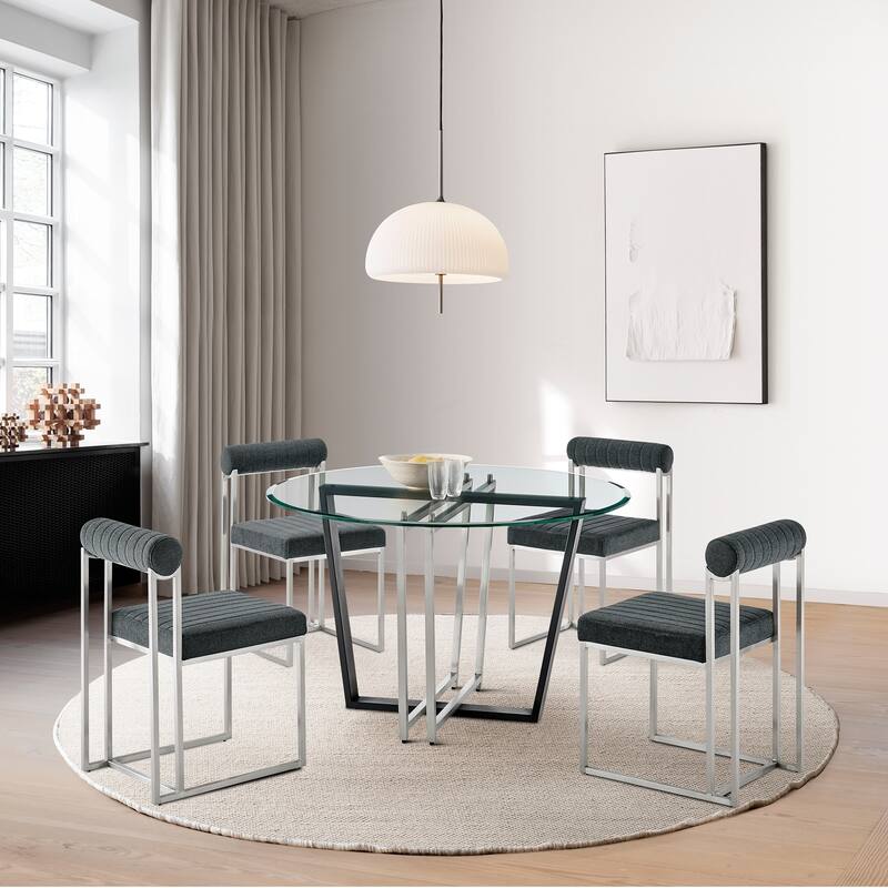 Devi Anastasia 5 Piece Round Glass Dining Table Set with Metal Frame and Upholstered Chairs - Charcoal