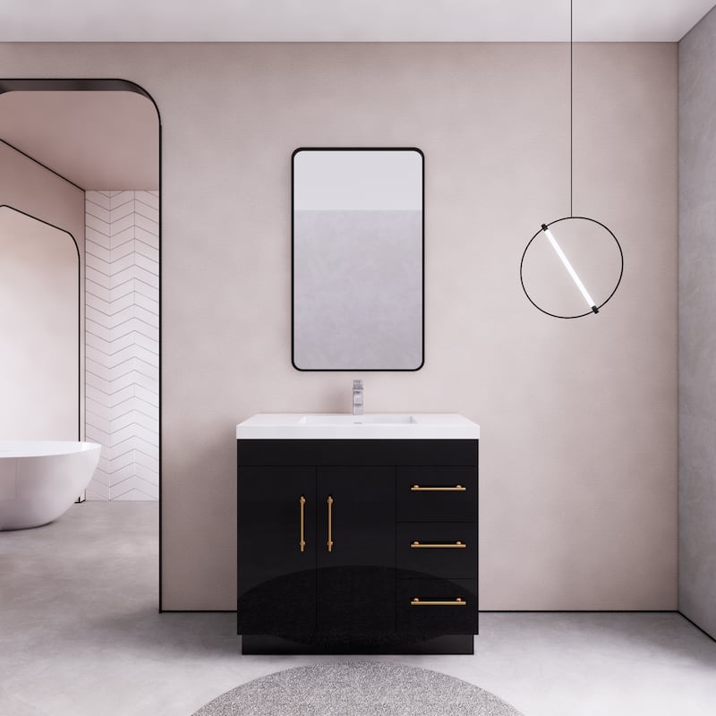 Eliza 36 Freestanding Vanity (Right Drawers) with Single Sink - 36'' Width With Right Drawers - High Gloss Black