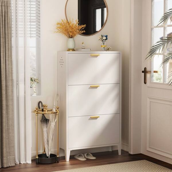 White & Gold Swivel Shoe Cabinet with 1 Door Modern Entryway Shoe Storage Cabinet in Medium 3 Pairs Shoes