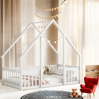 Twin Wood House-Shaped Floor Bed with Fence, Guardrails Platform Bed House Bed