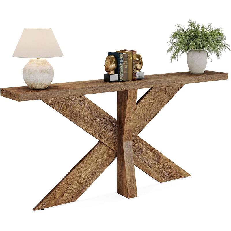 70.9" Long Farmhouse Console Table Behind Couch with Geometric Wooden Base