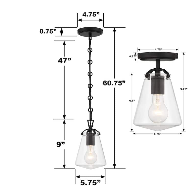 Voss 1 Light Matte Black Semi Flush Mount - 5.75"W x 9.25"H x 5.75"D