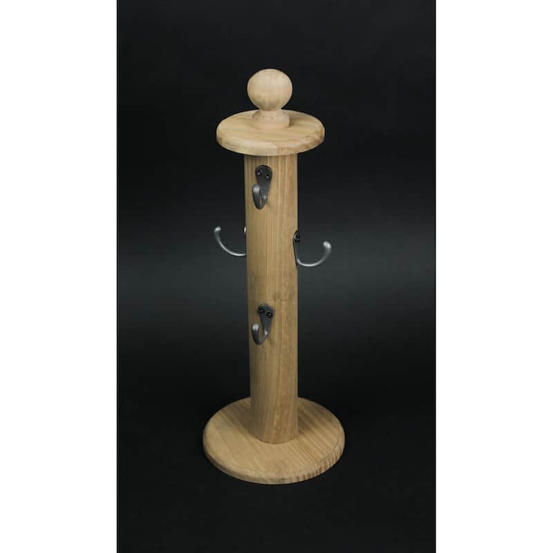 Primitive Turned Wood 6 Hook Countertop Kitchen Mug Rack Key Holder - 16 X 6 X 6 inches