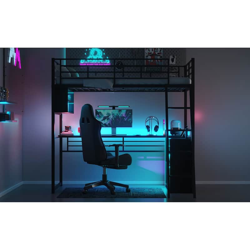 Twin Size Metal Loft Bed with LED, Desk, and Storage Shelves