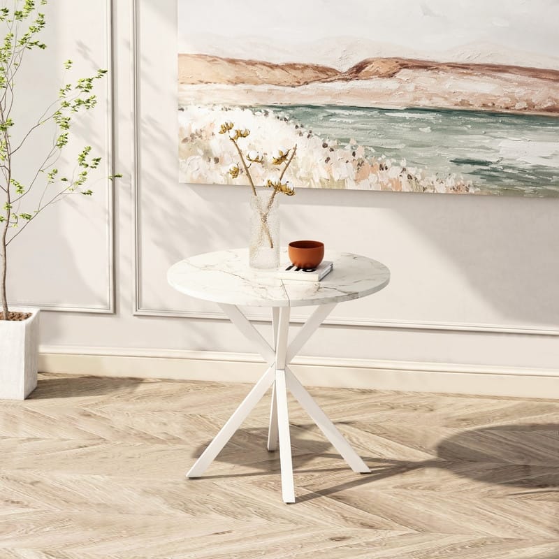 31.5"W Modern Round Occasional Table,Coffee Table with Cross Leg and Marble Design Top - White