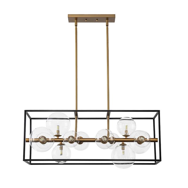 12-Light Modern Rectangle Island Chandelier With Clear Glass Globe - Black & Gold - 31.7in