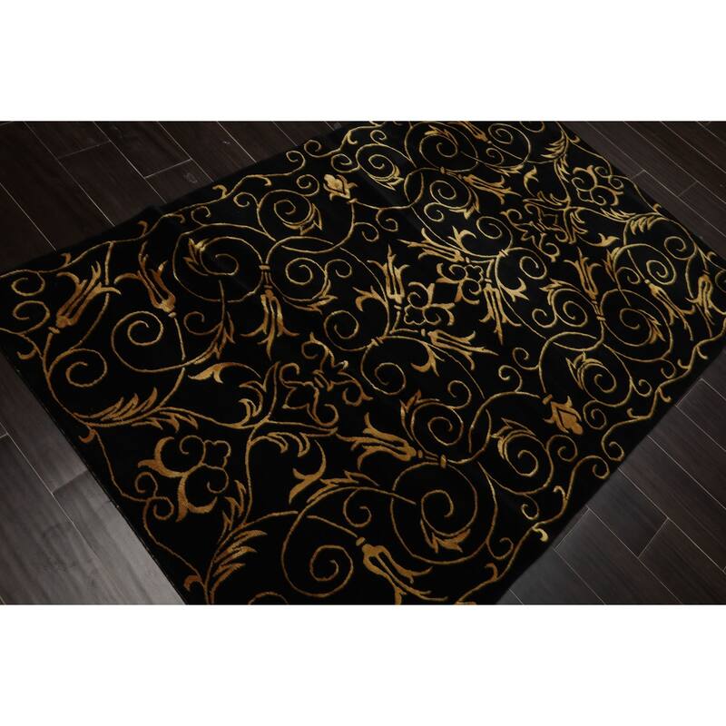 Wool & Silk Black Tibetan 4x6'2'' Hand Knotted Transitional Rug - 4' x 6' 2''