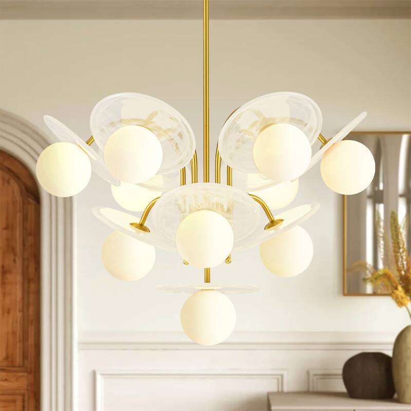 29.1" W 10-Light Mid-Century Chandelier with Cloud Glass Discs and Opal Globes in Brushed Gold - 29.1 in. W x 19.7 in. H x 29.1 in. D - Gold/White