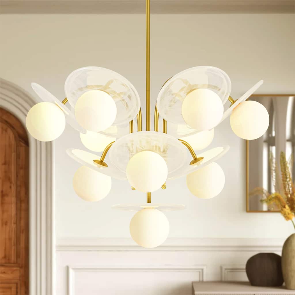 29.1" W 10-Light Mid-Century Chandelier with Cloud Glass Discs and Opal Globes in Brushed Gold