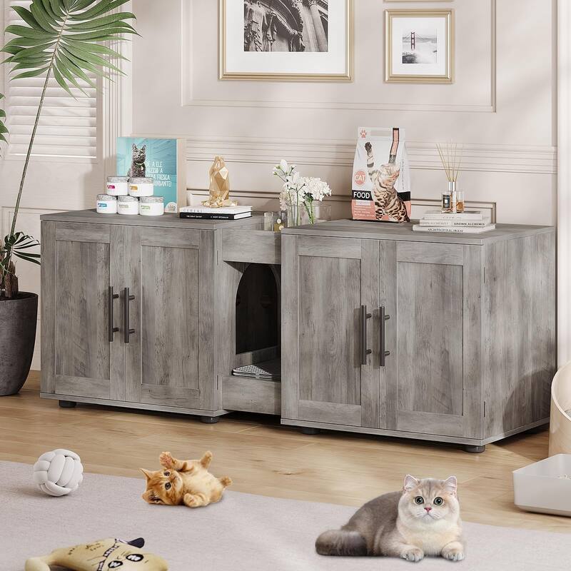 Large Cat Litter Box Furniture with Double Rooms and Barn Doors